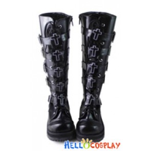 Punk Lolita Boots Black Straps Cross Square Buckles Chunky Lace Up