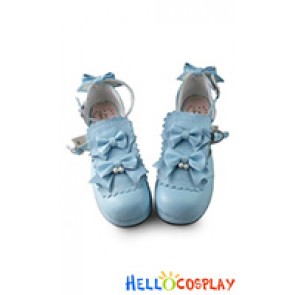 Princess Lolita Shoes Sky Blue Retro Ankle Strap Bows Heart Shaped Buckles