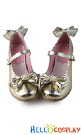 Lolita Shoes Gold Champagne Chunky Bows Princess Lace Instep Strap