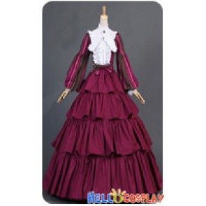 Civil War Victorian Striped Puff Sleeved Tiered Party Gown Period Lolita Dress Costume