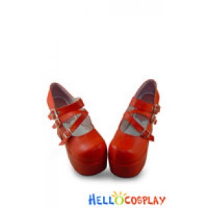 Red Three Instep Strap Chunky Punk Lolita Shoes