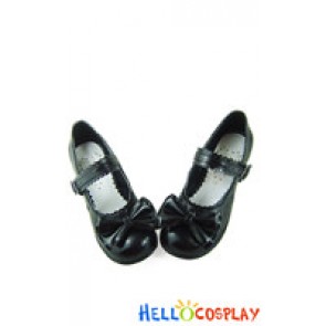 Matte Black Bow Ruffle Single Strap Chunky Princess Lolita Shoes