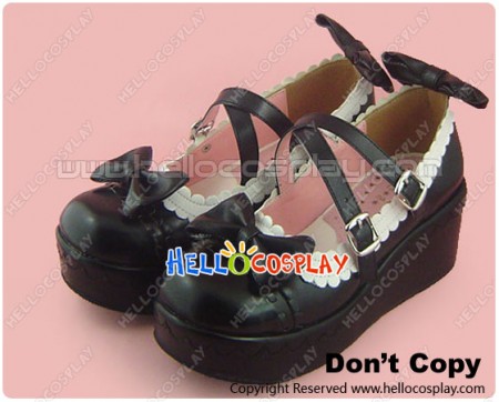 Black White Bow Crossing Straps Platform Princess Lolita Shoes
