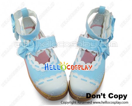 White Blue Bows Ruffle Straps Platform Princess Lolita Shoes