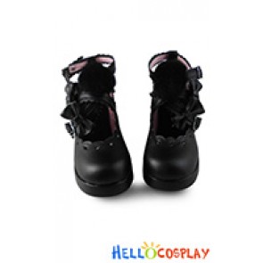 Lolita Shoes Black Ankle Straps With Bows Lace Heart Shaped Buckle Plush Ball Style