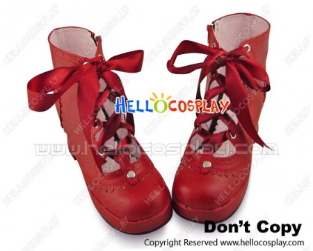 Red Satin Lace Ruffle Chunky Princess Lolita Short Boots