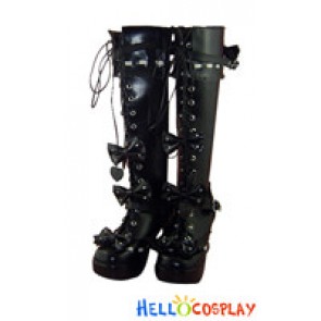 Black White Heart Lace Bows Chunky Princess Lolita Boots