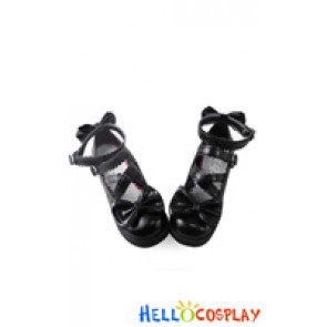 Princess Lolita Shoes PU Platform Black Matte Ankle Straps Lace Buckles Bows