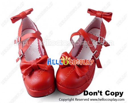 Sweet Lolita Shoes Red Matte Chunky Crossing Straps Lace Bows