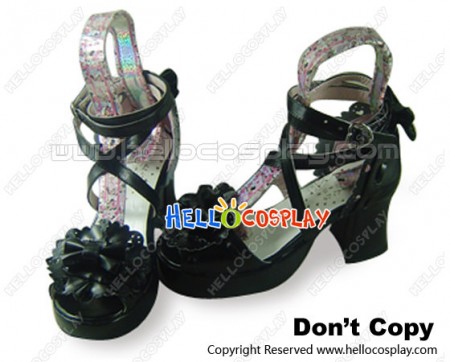 Matte Black Ruffle Flower Bow Chunky Princess Lolita Shoes