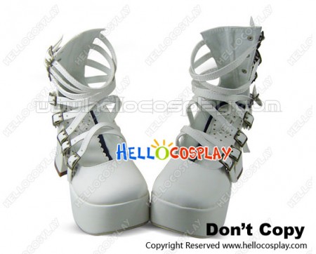 Matt White Buckle Crossing Straps Chunky Punk Lolita Shoes