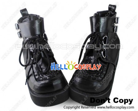 Punk Lolita Shoes Black Platform Ankle Buckles Shoelace