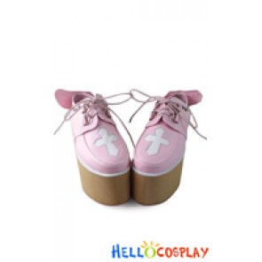 Punk Lolita Shoes Pink White Cross Angel Wings High Platform Shoelace