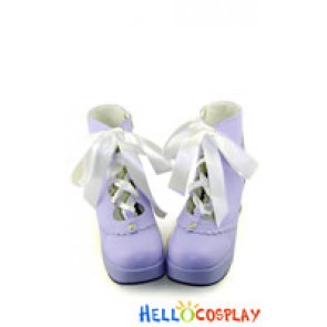 Matt Purple Satin Lace Ruffle Chunky Princess Lolita Short Boots