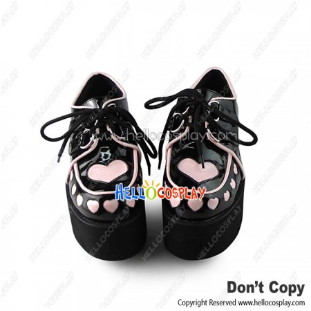 Punk Lolita Shoes Black And Pink Heart Shaped Lace Up Platform