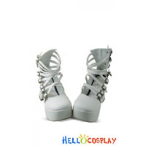 Matt White Buckle Crossing Straps Chunky Punk Lolita Shoes