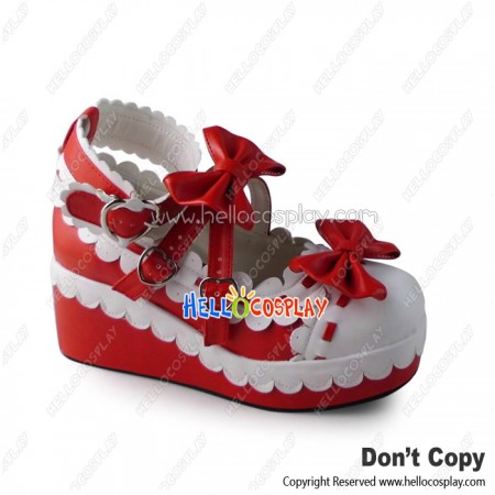 Princess Lolita Shoes Matte Red White Lace Ankle Strap Heart Shaped Buckles Bows Wedge
