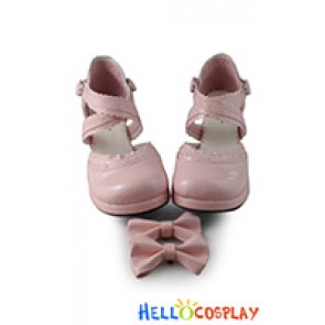 Sweet Lolita Shoes Pink Double Ankle Straps Ruffle Lace Chunky Heel