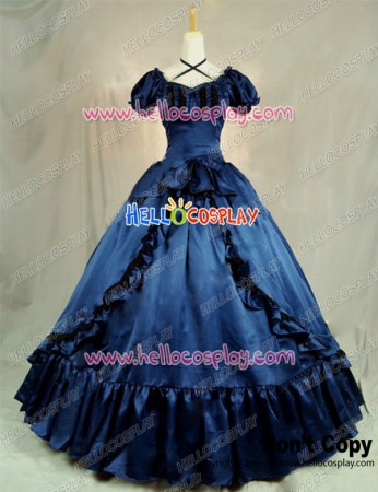 Victorian Southern Belle Ball Gown Reenactment Halloween Blue Lolita Dress Costume