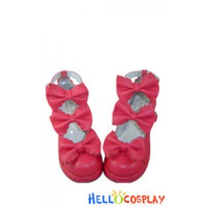 Red Sheepskin Three Bows Ruffle Chunky Princess Lolita Shoes
