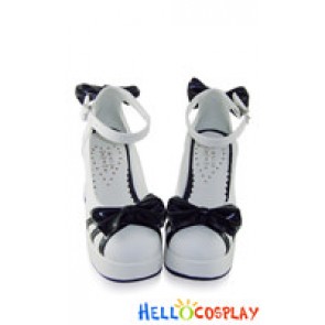 Black White Chunky Bows Ruffle Princess Lolita Shoes