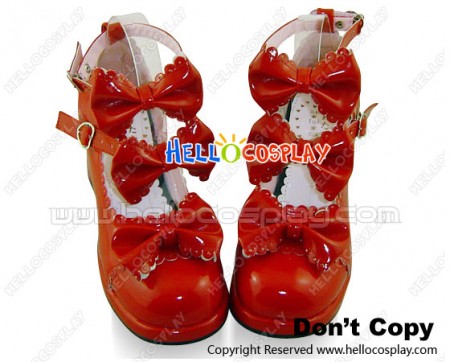 Mirror Red Three Bows Ruffle Chunky Princess Lolita Shoes