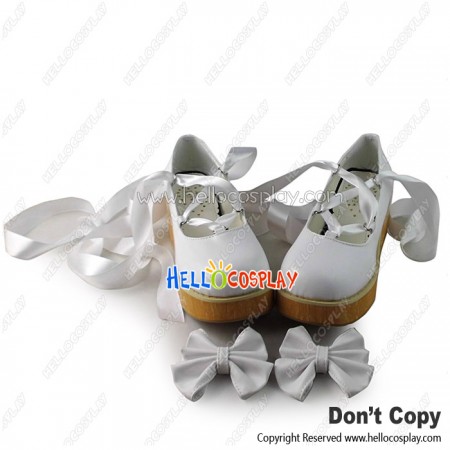 Princess Lolita Shoes White Ballet Wood Grain Bottom Long Ribbon Bow
