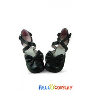 Matte Black Double Ankle Straps Ruffle Chunky Sweet Lolita Shoes