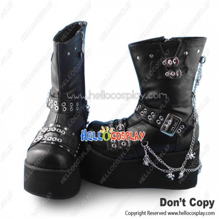 Punk Lolita Boots Black Platform Zipper Skull Chains Rivet Lace Up Buckles