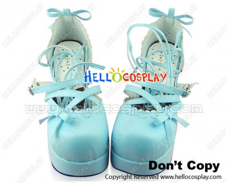Matt Blue Straps Bow Chunky Princess Lolita Shoes