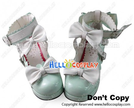 Princess Lolita Shoes Chunky Mint Mirror Lace White Matte Buckles Bows
