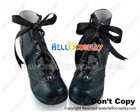 Dark Blue Satin Lace Ruffle Chunky Princess Lolita Short Boots