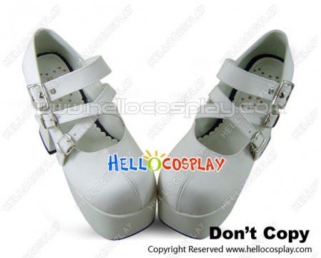 White Three Instep Strap Chunky Punk Lolita Shoes