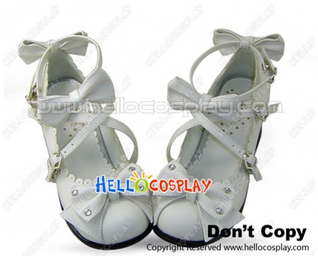 Elegant White Crossing Straps Heart Shaped Buckle Lolita Shoes