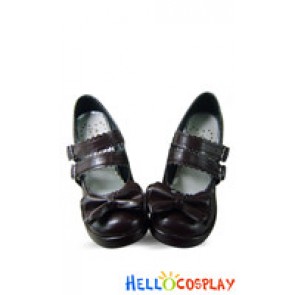 Brown Bow Ruffle Double Straps Chunky Princess Lolita Shoes
