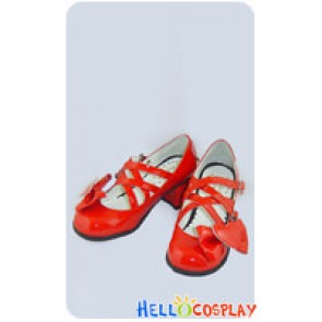 Mirror Red Heart Shaped Bow Chunky Princess Lolita Shoes