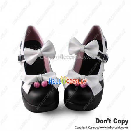 Princess Lolita Shoes Matte Black White Bows Strawberries Bells Instep Strap Chunky Heel
