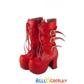 Matt Red Buckle Straps Lace Up Chunky Punk Lolita Boots