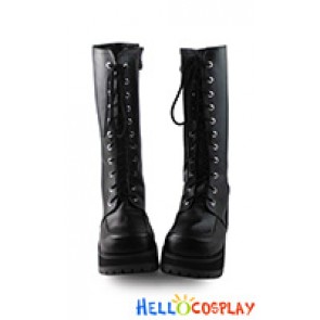 Punk Lolita Boots Black Matte Lace Up Zipper Non-Slip Bottom Chunky Heel