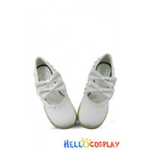 Matt White Bow Straps Ruffle Chunky Princess Lolita Shoes