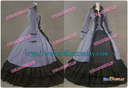 Gothic Reenactment Cotton Stripe Coat Dress Ball Gown Cosplay