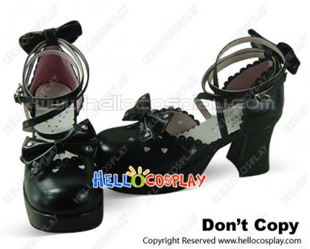 Black Scalloped Bows Chunky Heels Platform Lolita Shoes