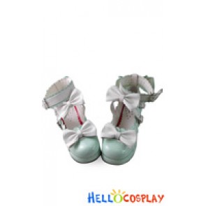 Princess Lolita Shoes Chunky Mint Mirror Lace White Matte Buckles Bows