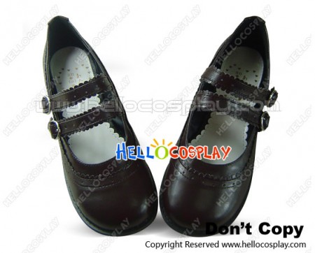 Matt Brown Double Straps Low Chunky Sweet Lolita Shoes