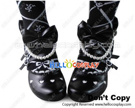 Sweet Lolita Shoes Chunky Straps Pearl Chain Scalloped Heart Shaped Buckles