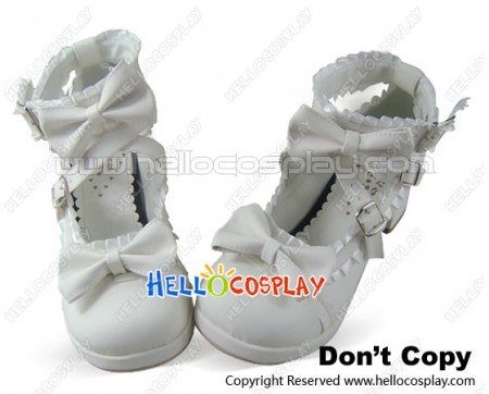 White Chunky Heels Ankle Straps Ruffle Princess Lolita Shoes