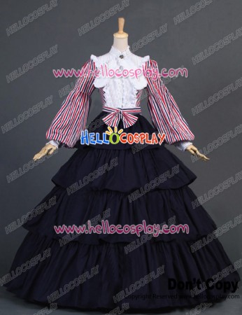 Patriotic Civil War Striped Puff Sleeved Tiered Party Gown Period Lolita Dress Costume