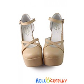 Punk Lolita Shoes Beige Ankle Crossing Straps Chunky Heel