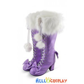 Mirror Purple Bows Zipper Fur Chunky Princess Lolita Boots