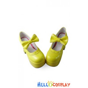Sweet Lolita Shoes Mirror Milk Yellow IW Charlotte Lace Bow Chunky